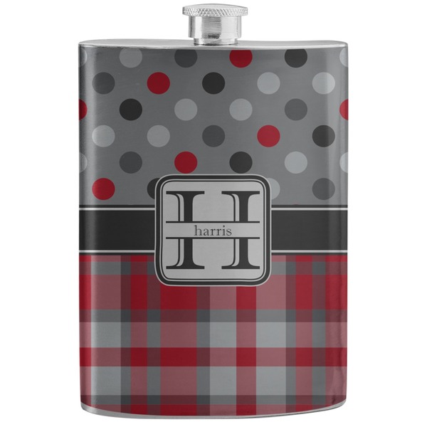 Custom Red & Gray Dots and Plaid Stainless Steel Flask (Personalized)