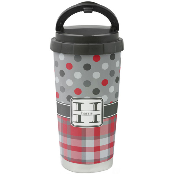 Custom Red & Gray Dots and Plaid Stainless Steel Coffee Tumbler (Personalized)