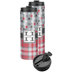Red & Gray Dots and Plaid Stainless Steel Skinny Tumbler (Personalized)