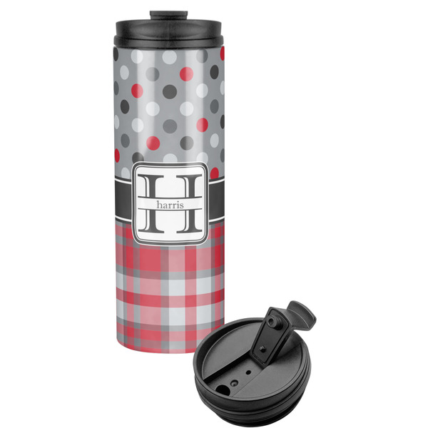 Custom Red & Gray Dots and Plaid Stainless Steel Skinny Tumbler (Personalized)