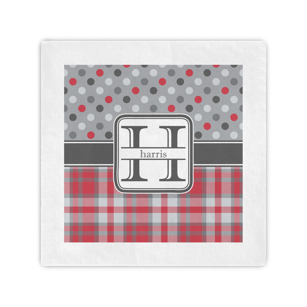 Custom Red & Gray Dots and Plaid Cocktail Napkins (Personalized)