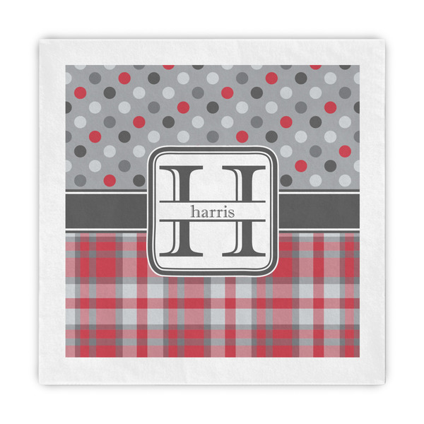 Custom Red & Gray Dots and Plaid Standard Decorative Napkins (Personalized)