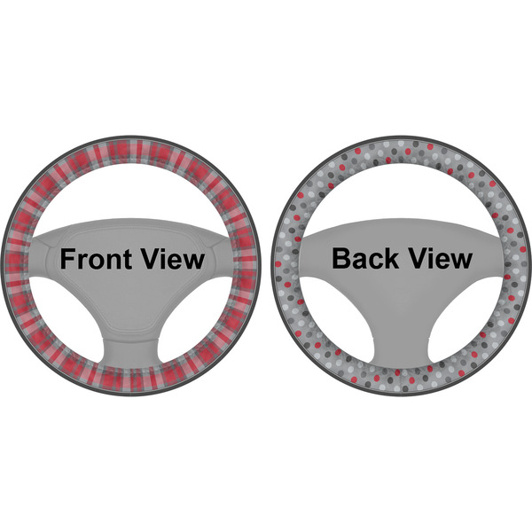 Red & Gray Dots and Plaid Steering Wheel Cover- Front and Back