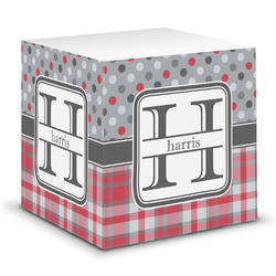 Red & Gray Dots and Plaid Sticky Note Cube (Personalized)