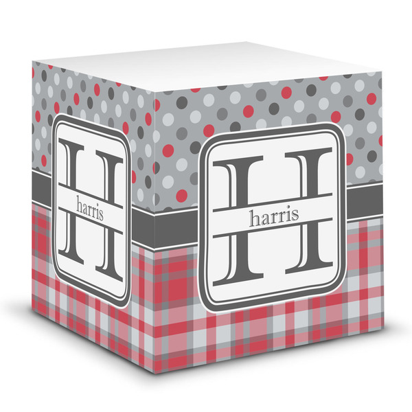 Custom Red & Gray Dots and Plaid Sticky Note Cube (Personalized)
