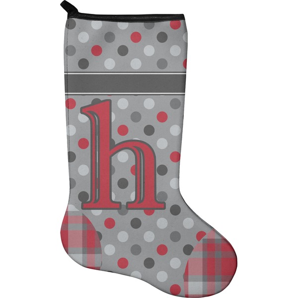 Custom Red & Gray Dots and Plaid Holiday Stocking - Neoprene (Personalized)