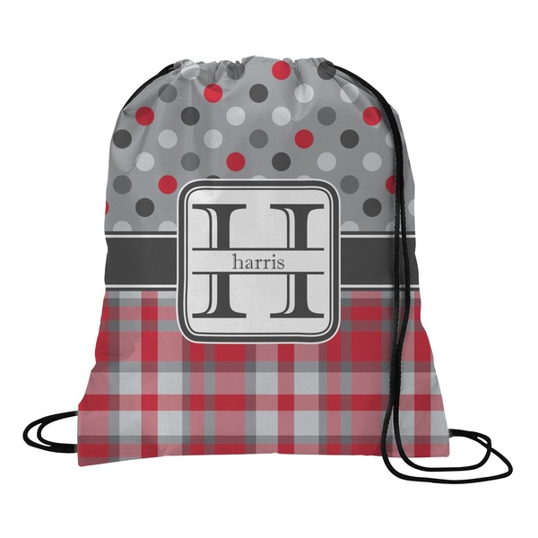 Custom Red & Gray Dots and Plaid Drawstring Backpack (Personalized)