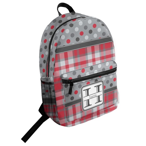 Custom Red & Gray Dots and Plaid Student Backpack (Personalized)