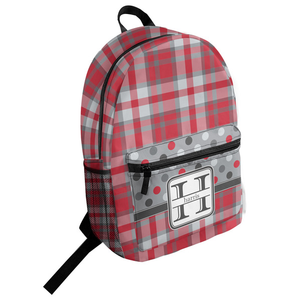 Custom Red & Gray Dots and Plaid Student Backpack (Personalized)