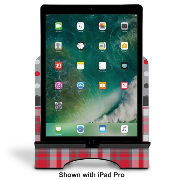 Red & Gray Dots and Plaid Stylized Tablet Stand - Front with ipad