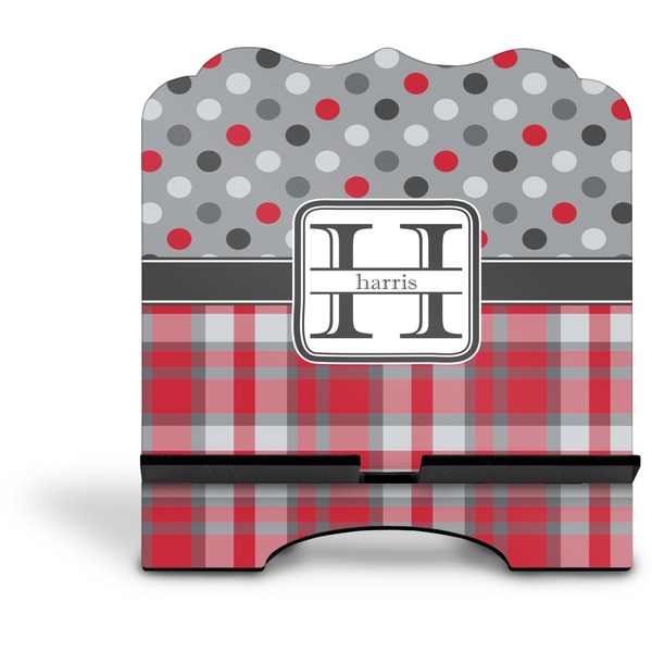 Red & Gray Dots and Plaid Stylized Tablet Stand - Front without iPad