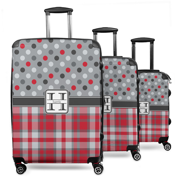 Custom Red & Gray Dots and Plaid 3 Piece Luggage Set - 20" Carry On, 24" Medium Checked, 28" Large Checked (Personalized)