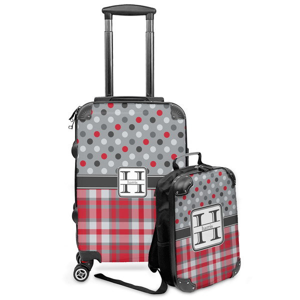 Custom Red & Gray Dots and Plaid Kids 2-Piece Luggage Set - Suitcase & Backpack (Personalized)