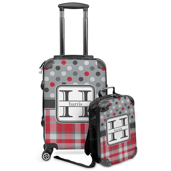 Custom Red & Gray Dots and Plaid Kids 2-Piece Luggage Set - Suitcase & Backpack (Personalized)