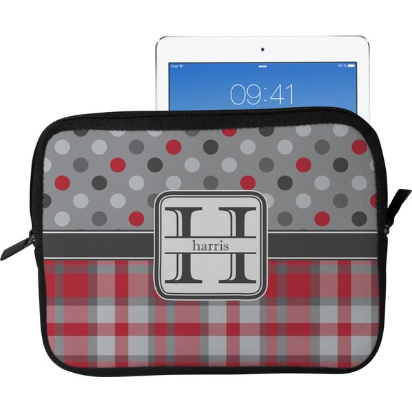 Custom Red & Gray Dots and Plaid Tablet Case / Sleeve - Large (Personalized)
