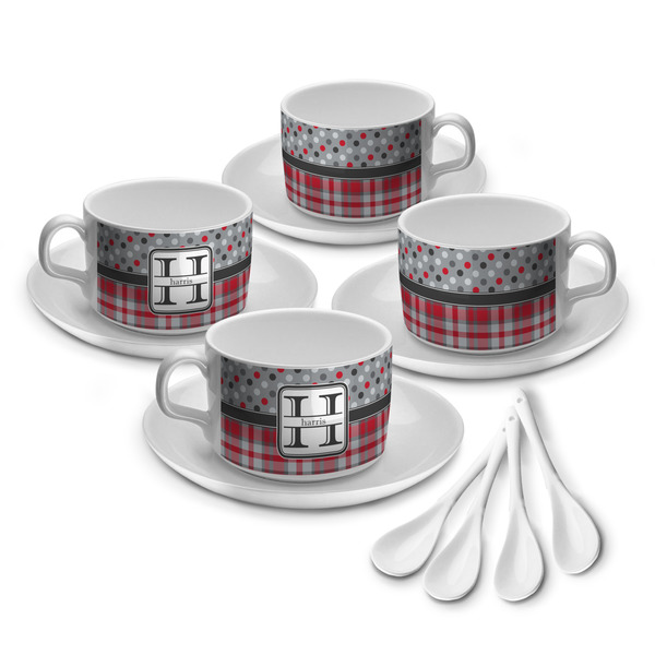 Custom Red & Gray Dots and Plaid Tea Cup - Set of 4 (Personalized)