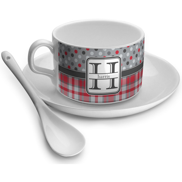 Custom Red & Gray Dots and Plaid Tea Cup - Single (Personalized)