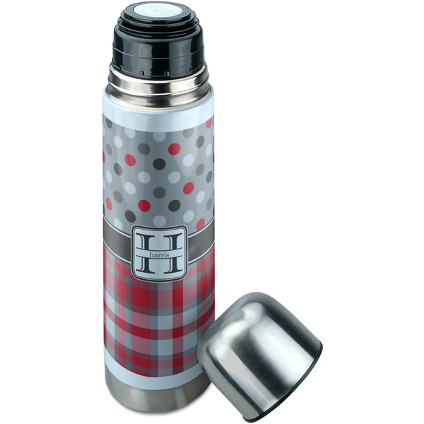 Red & Gray Dots and Plaid Thermos - Lid Off
