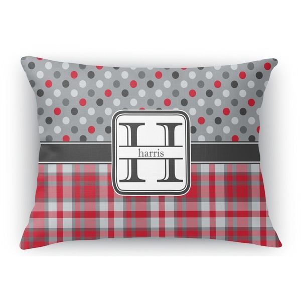 Custom Red & Gray Dots and Plaid Rectangular Throw Pillow Case - 12"x18" (Personalized)
