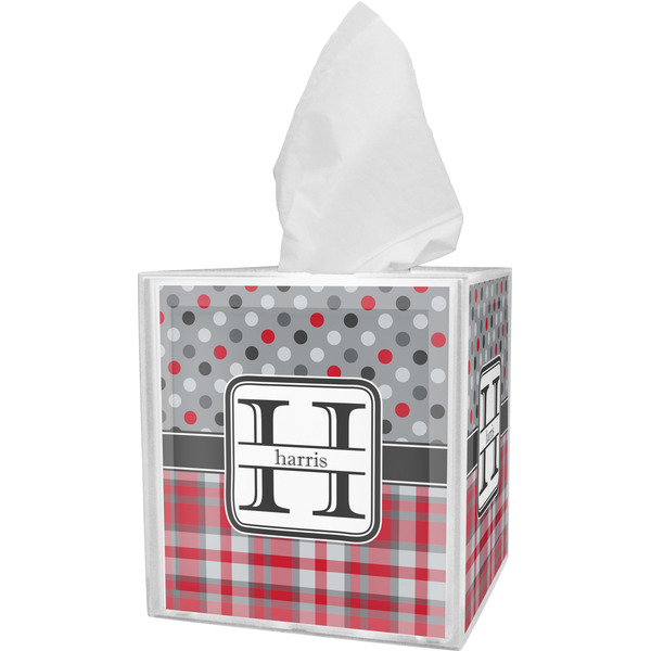 Custom Red & Gray Dots and Plaid Tissue Box Cover (Personalized)
