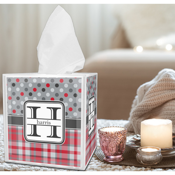 Red & Gray Dots and Plaid Tissue Box - LIFESTYLE