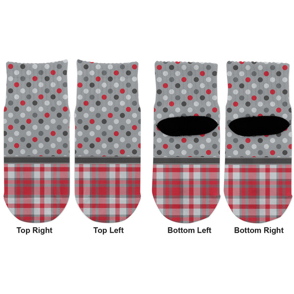 Red & Gray Dots and Plaid Toddler Ankle Socks - Double Pair - Front and Back - Apvl