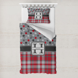 Red & Gray Dots and Plaid Toddler Bedding w/ Name and Initial