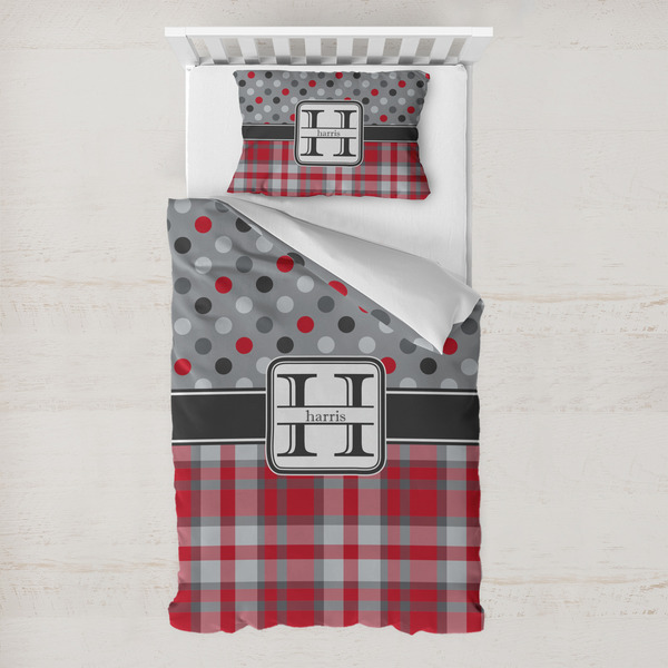 Custom Red & Gray Dots and Plaid Toddler Bedding w/ Name and Initial