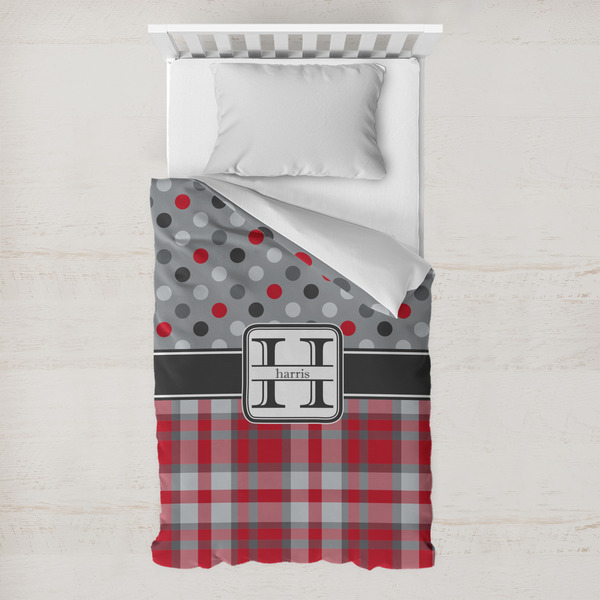Custom Red & Gray Dots and Plaid Toddler Duvet Cover w/ Name and Initial