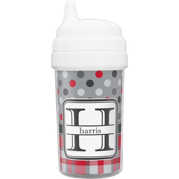 Custom Red & Gray Dots and Plaid Sippy Cup (Personalized)