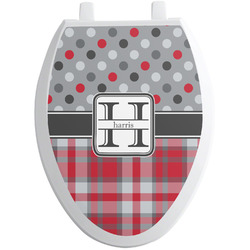 Red & Gray Dots and Plaid Toilet Seat Decal - Elongated (Personalized)