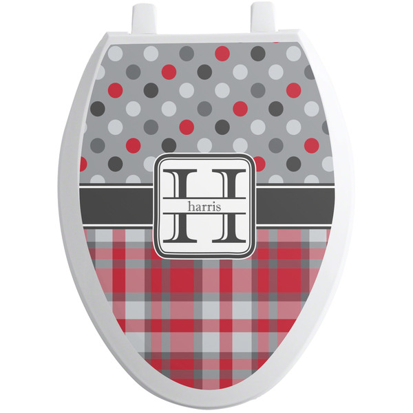 Custom Red & Gray Dots and Plaid Toilet Seat Decal - Elongated (Personalized)