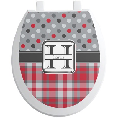Red & Gray Dots and Plaid Toilet Seat Decal (Personalized)