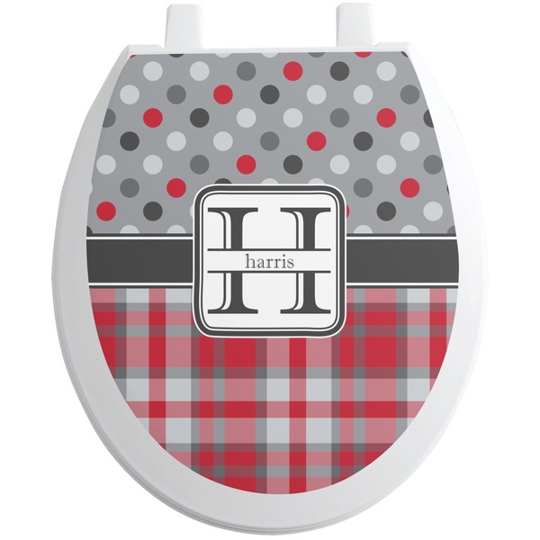 Custom Red & Gray Dots and Plaid Toilet Seat Decal (Personalized)