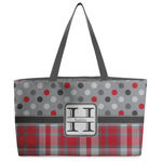Red & Gray Dots and Plaid Beach Totes Bag - w/ Black Handles (Personalized)
