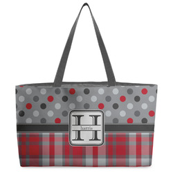 Red & Gray Dots and Plaid Beach Totes Bag - w/ Black Handles (Personalized)