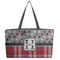 Red & Gray Dots and Plaid Tote w/Black Handles - Front View