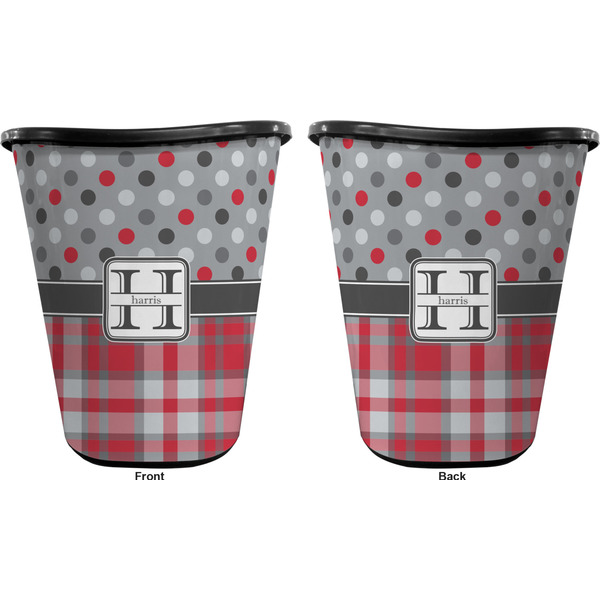 Red & Gray Dots and Plaid Trash Can Black - Front and Back - Apvl