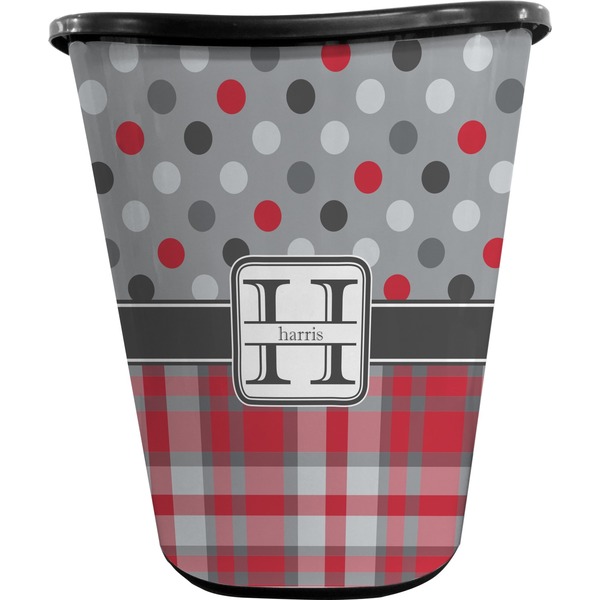 Custom Red & Gray Dots and Plaid Waste Basket - Single Sided (Black) (Personalized)