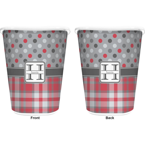 Red & Gray Dots and Plaid Trash Can White - Front and Back - Apvl