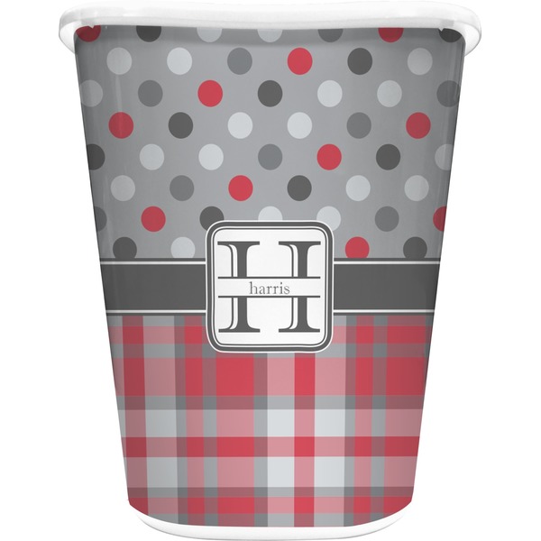 Custom Red & Gray Dots and Plaid Waste Basket - Double Sided (White) (Personalized)