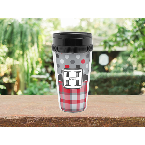 Red & Gray Dots and Plaid Travel Mug Lifestyle (Personalized)
