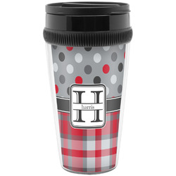 Red & Gray Dots and Plaid Acrylic Travel Mug without Handle (Personalized)