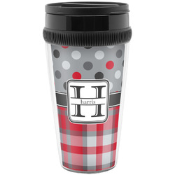 Red & Gray Dots and Plaid Acrylic Travel Mug without Handle (Personalized)