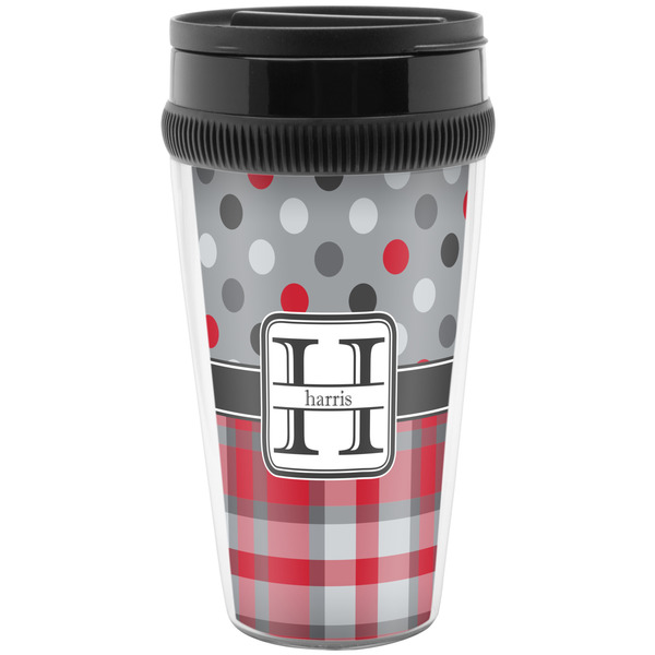 Custom Red & Gray Dots and Plaid Acrylic Travel Mug without Handle (Personalized)