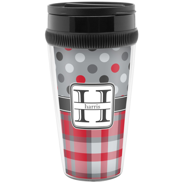 Custom Red & Gray Dots and Plaid Acrylic Travel Mug without Handle (Personalized)