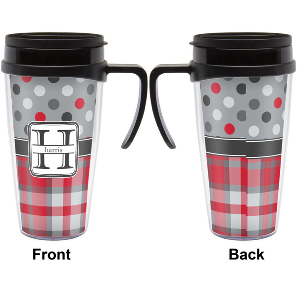 Red & Gray Dots and Plaid Travel Mug with Black Handle - Approval