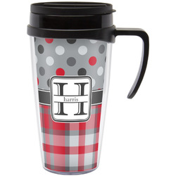 Red & Gray Dots and Plaid Acrylic Travel Mug with Handle (Personalized)