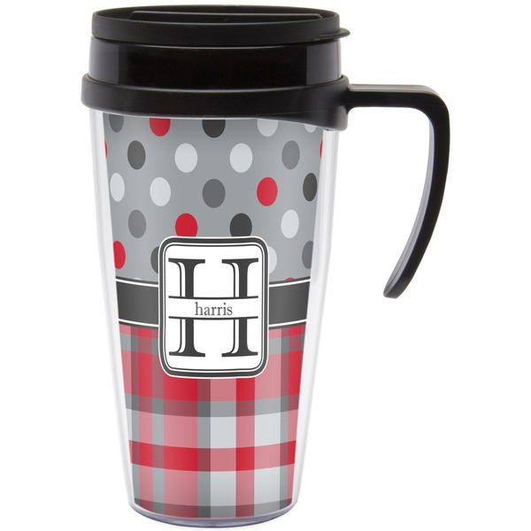 Custom Red & Gray Dots and Plaid Acrylic Travel Mug with Handle (Personalized)