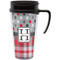 Red & Gray Dots and Plaid Travel Mug with Black Handle - Front